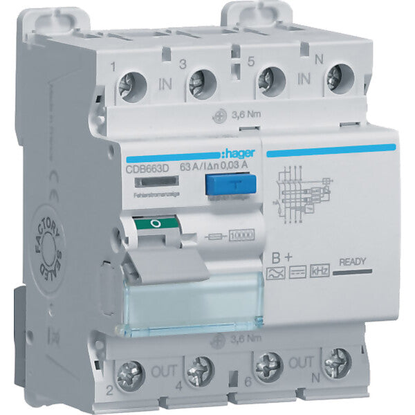 Hager Fehlerstromschutzschalter 4p 10kA63A30mA TypB+ CDB663D